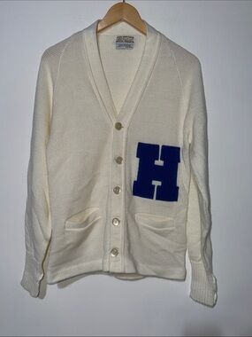 Bristol Products Cream Letterman Cardigan Sweater with Blue H Patch vintage